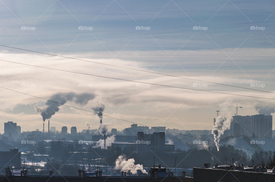 dirty city, industrial landscape, pollution pipes