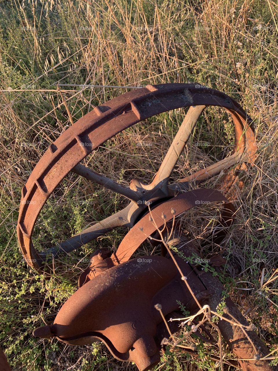 detail of an old agricultural tool that was used for cutting hay, photographed at sunset