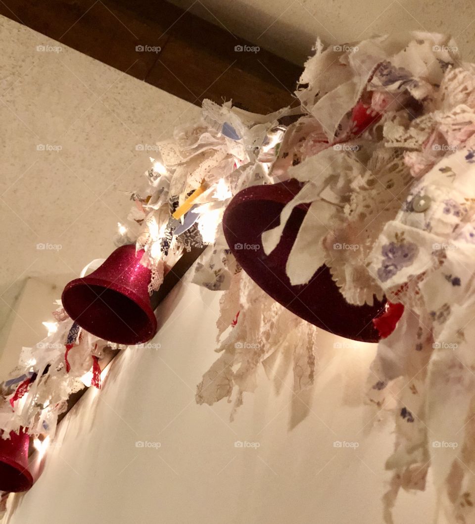 Shabby chic fabric swag garland made from vintage fabric and lace with lights and red glittery bells