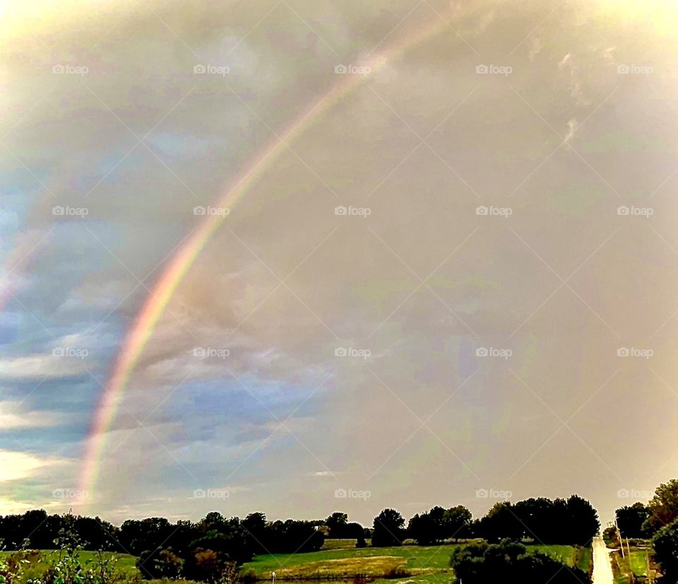 Rainbow, rainbow, rainbows, greenhouse, high tunnel, sky, clouds, structure, rural