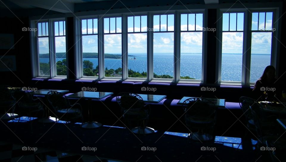 Lighthouse from afar. Mackinac Island Grand Hotel 