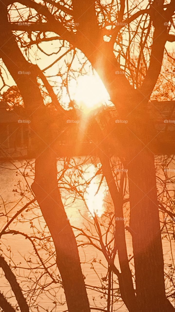 Evening Sunset high clouds spreading the sunbeams with the clouds. Evening colors appear strong for this early pic. Reflections of the Sunbeams / Rays off the lake waters.