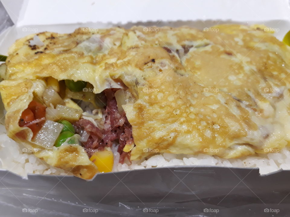 Egg Omelette stuffed with Corned beef and mixed veggies (corn, potato, green peas and carrots)