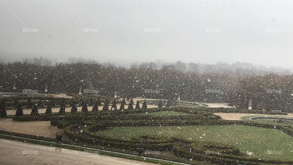 View of the snow at Versailles palace in Paris 