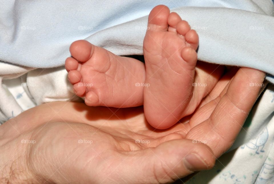 Infant son’s feet held in father’s hand