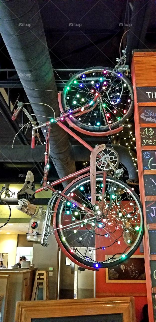 Bicycle with lights in restaurant