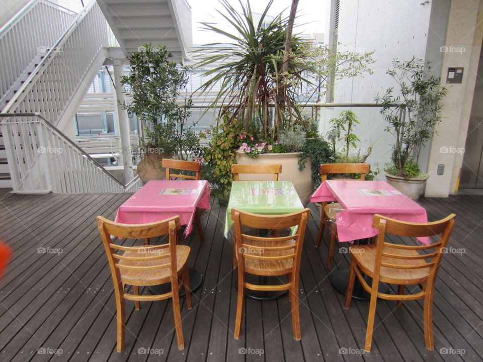 Cute, Colorful Tables and Chairs, Restaurant Patio, Jiyugaoka, Tokyo, Japan