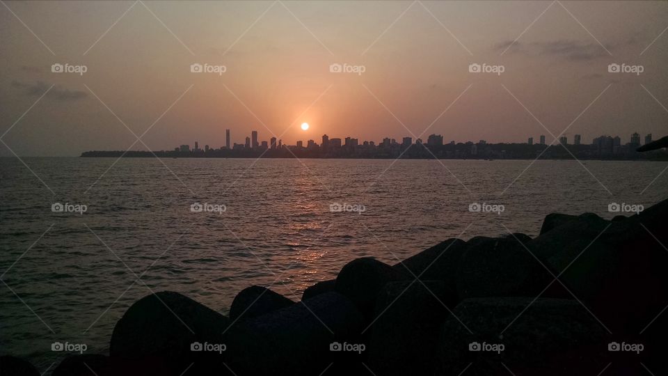 City skyline at sunset