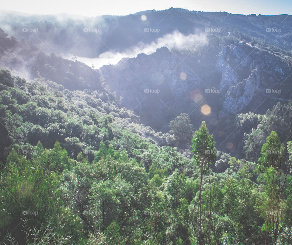 The sun starts to burn through the morning mist as it rises in this hilly landscape 