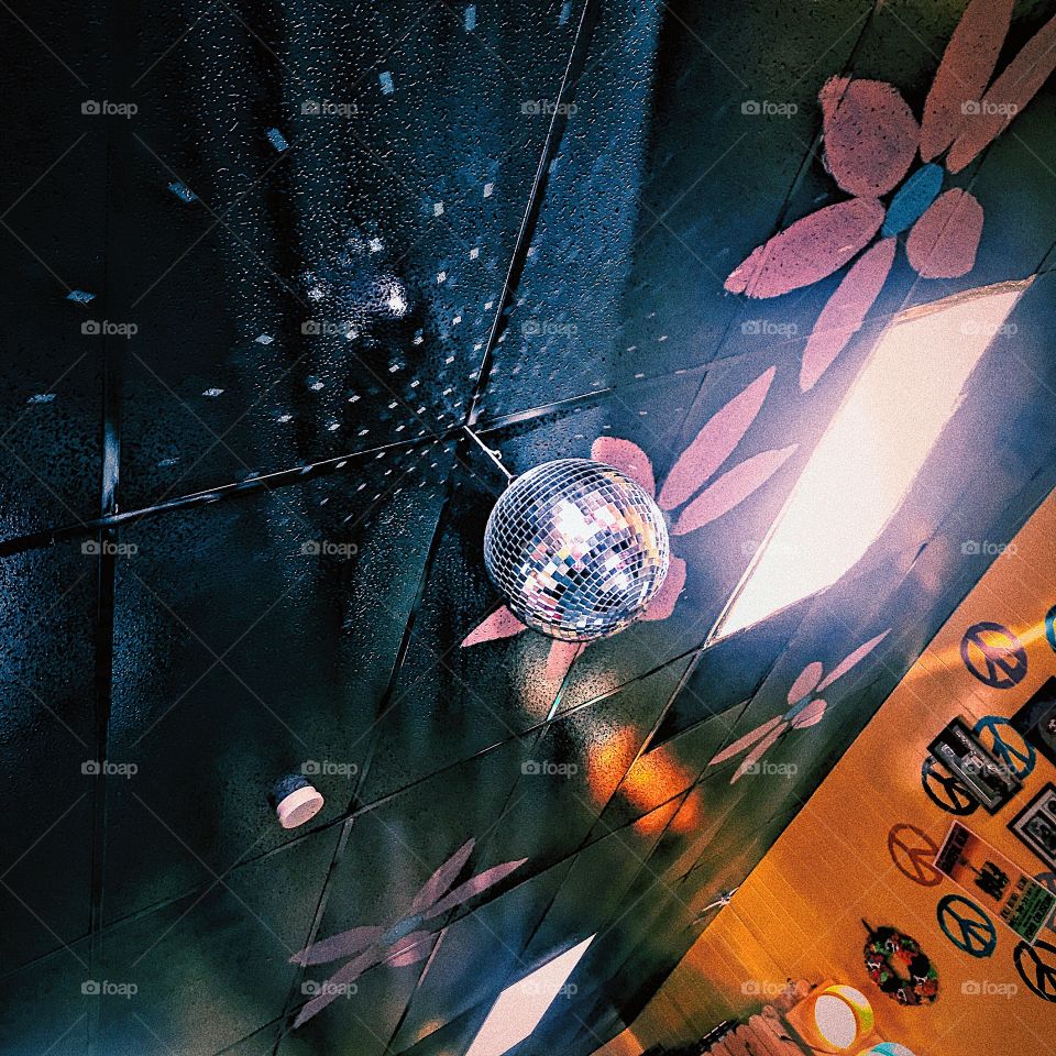 Disco ball at a hippy pizza restaurant 