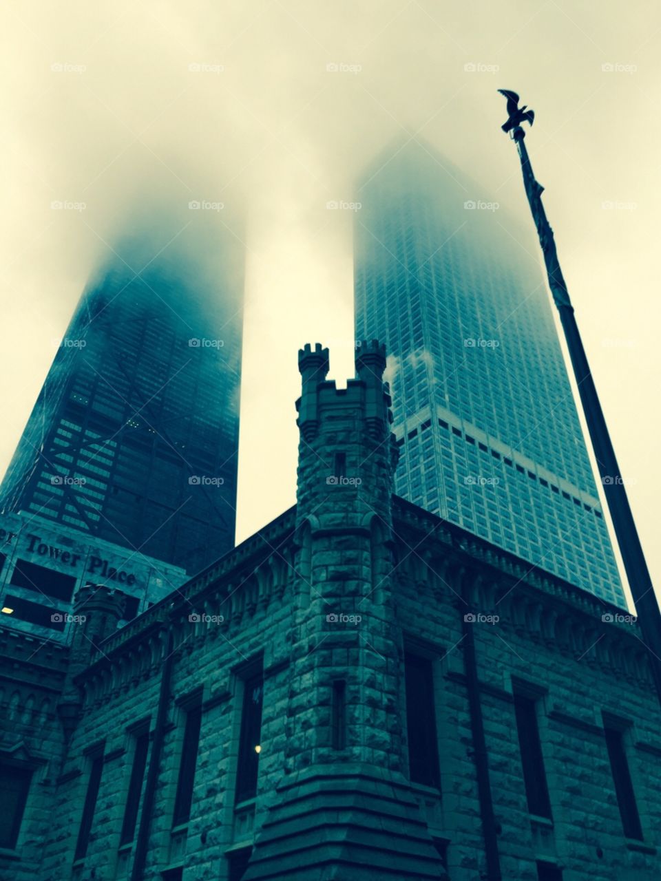 Fog in the city. Fog working it's way up the buildings in Chicago.