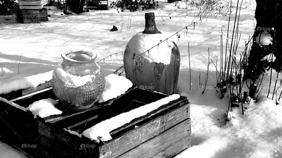 blac&whit, natural sculpture on the snow and sun, glass bottles and vase on the wooden box, picture for painter
