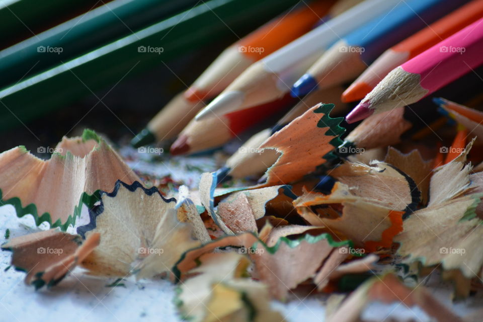 Close-up of colored pencils shavings