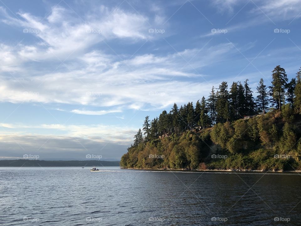 Boat on the water near a pine tree covered bluff under a cloudy blue sky