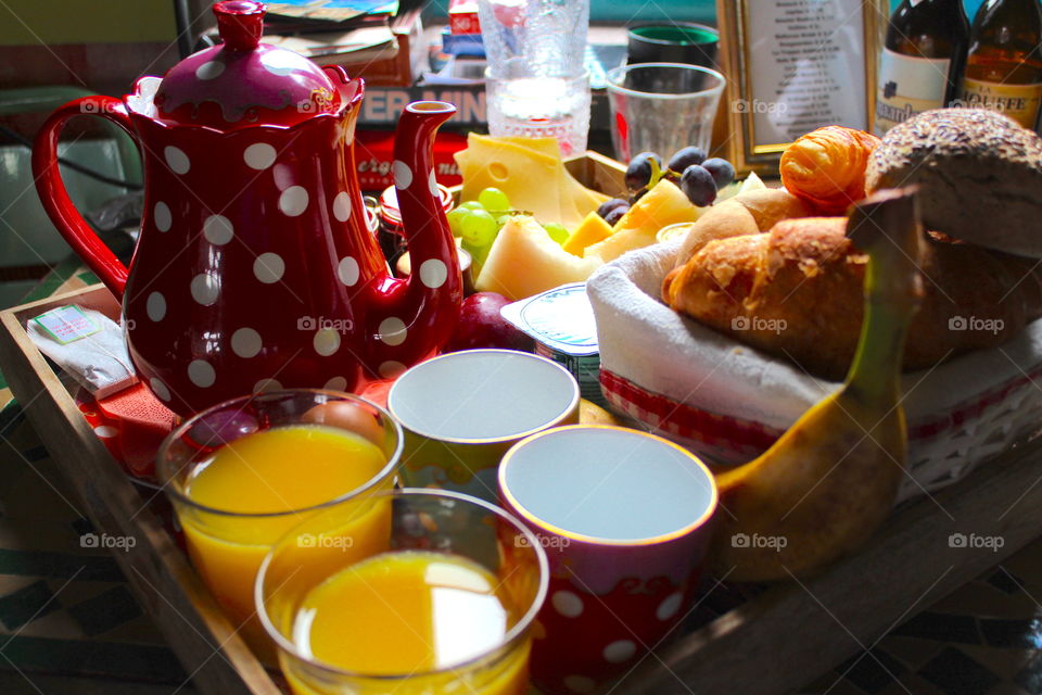 Breakfast with tea and fruit