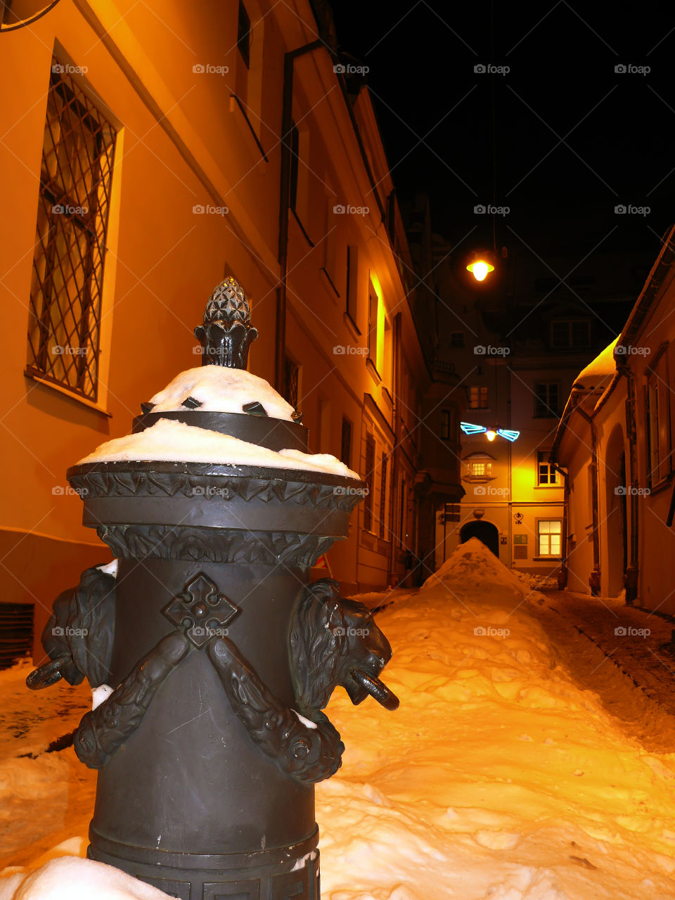 Illuminated architecture by night in Riga, Latvia.