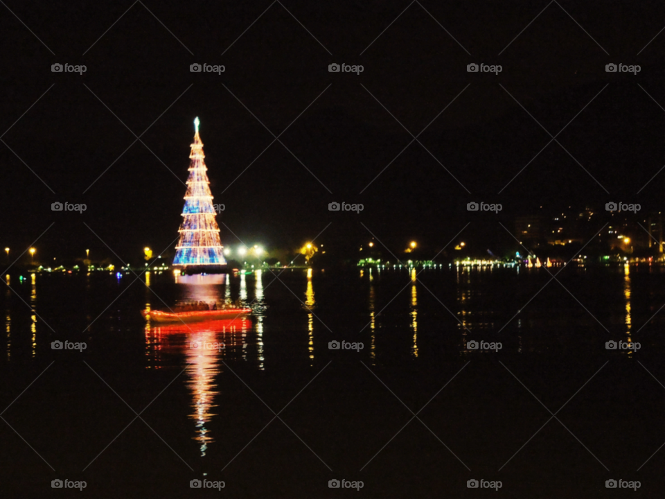 lake night boat christmas tree by doras