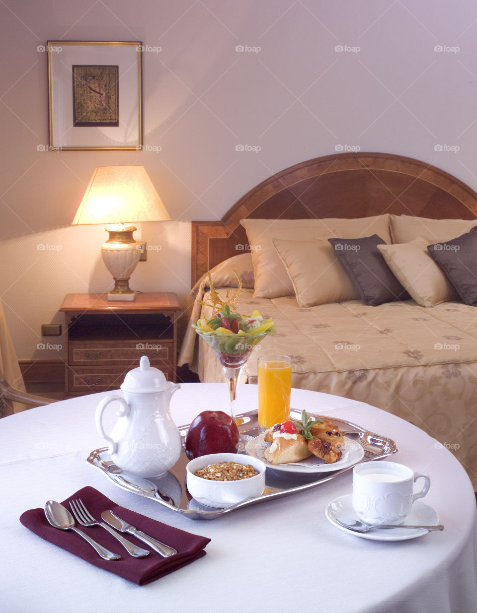 Hotel breakfast served on table