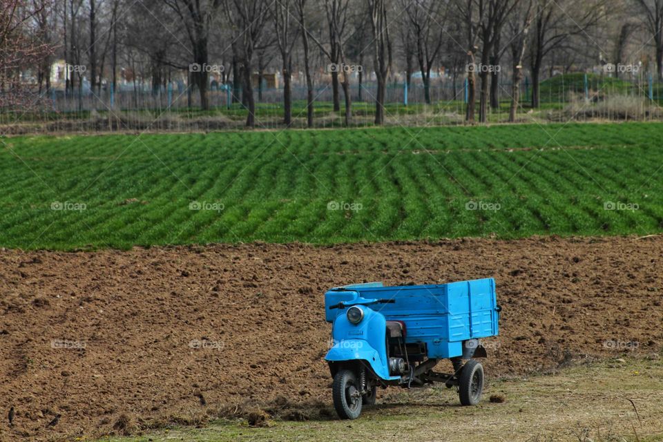 blue three-wheeled farm motorcycle against the background of plowed land and even rows of young wheat