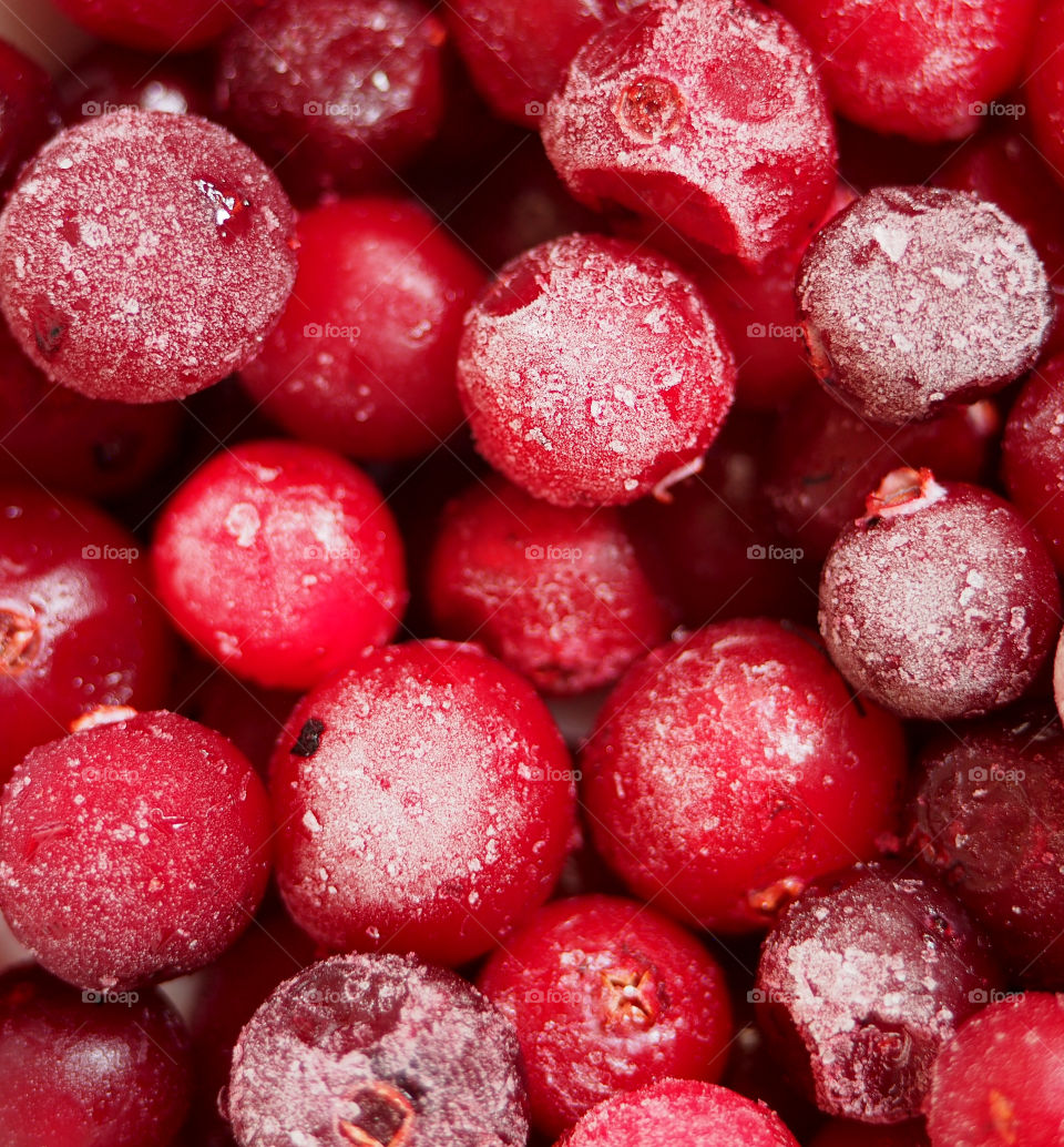 Frozen red cranberries.  Close-up.