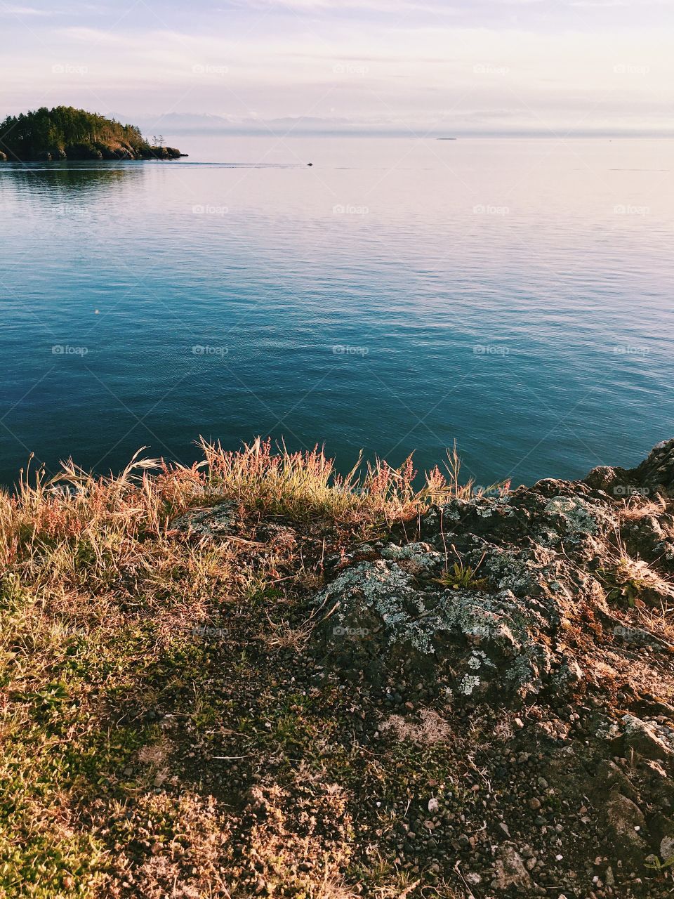 Grassy cliff with calm water view 