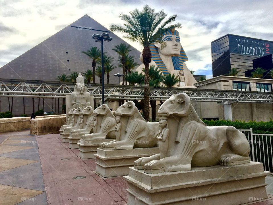 Egyptian replica sculptures in front of the Luxor Hotel in Las Vegas, Nevada.