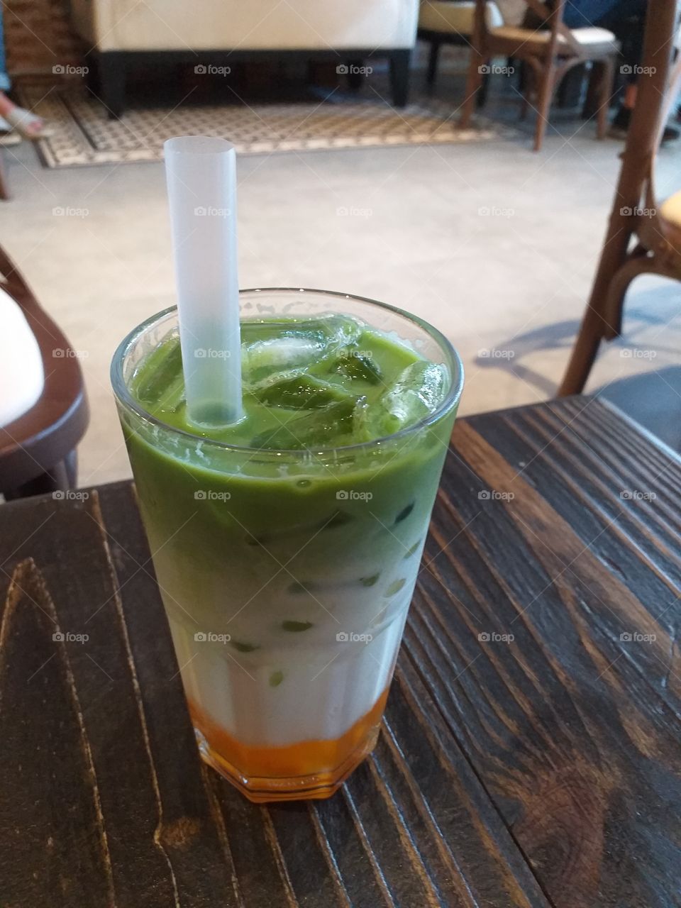 Matcha and mango smoothie.