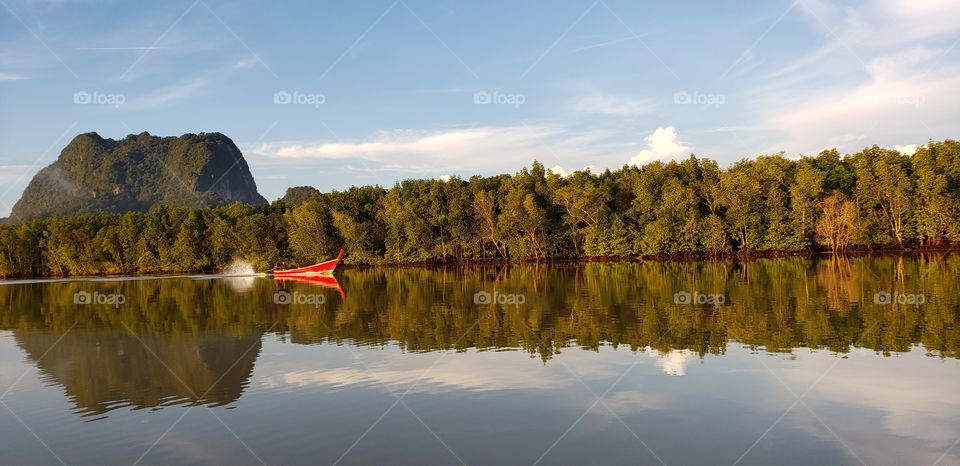 Beautiful lake boat reflection