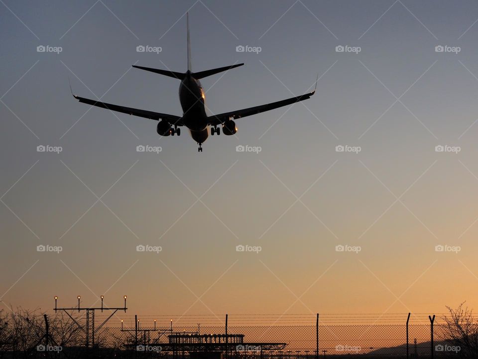 Airplane landing at sunset time