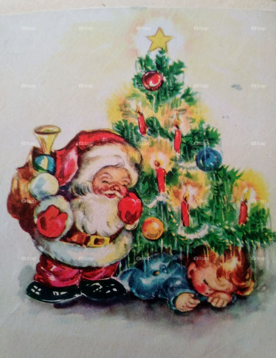 Foapcom Old Drawing Of Santa Claus By Christmas Tree With