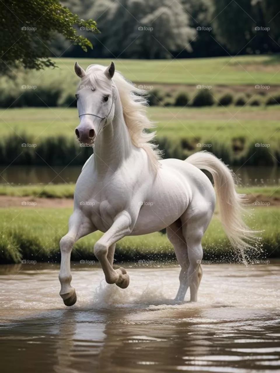 A beautiful white horse running in the water