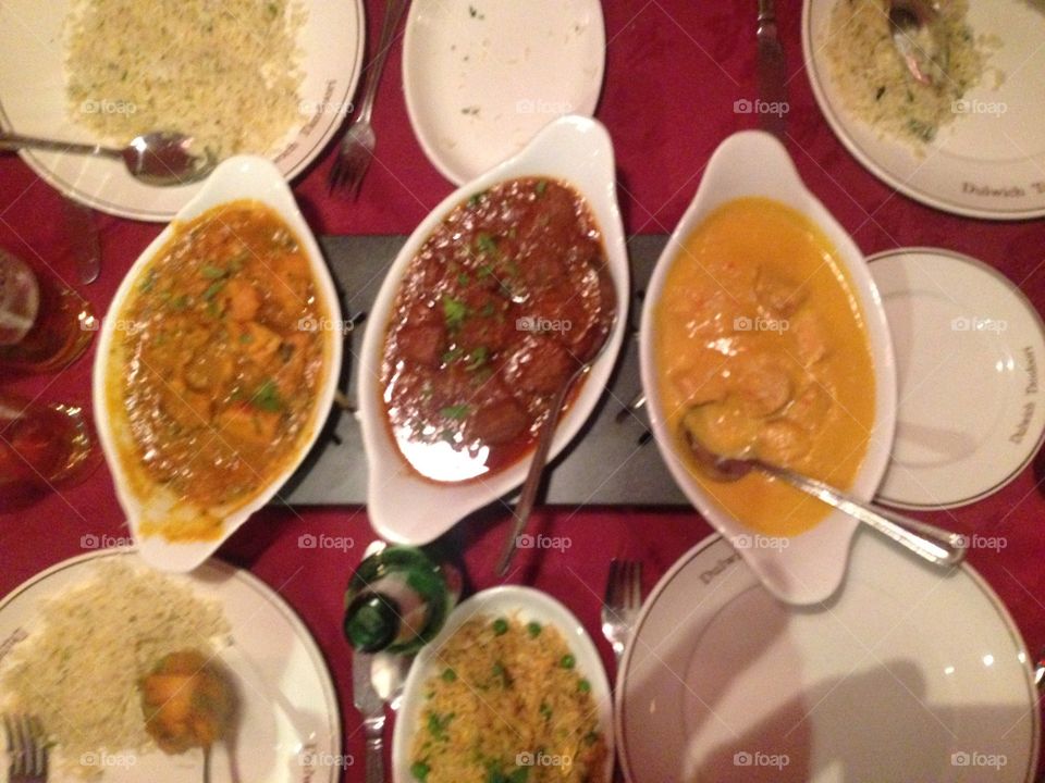 Ariel shot of curry dishes Indian food 