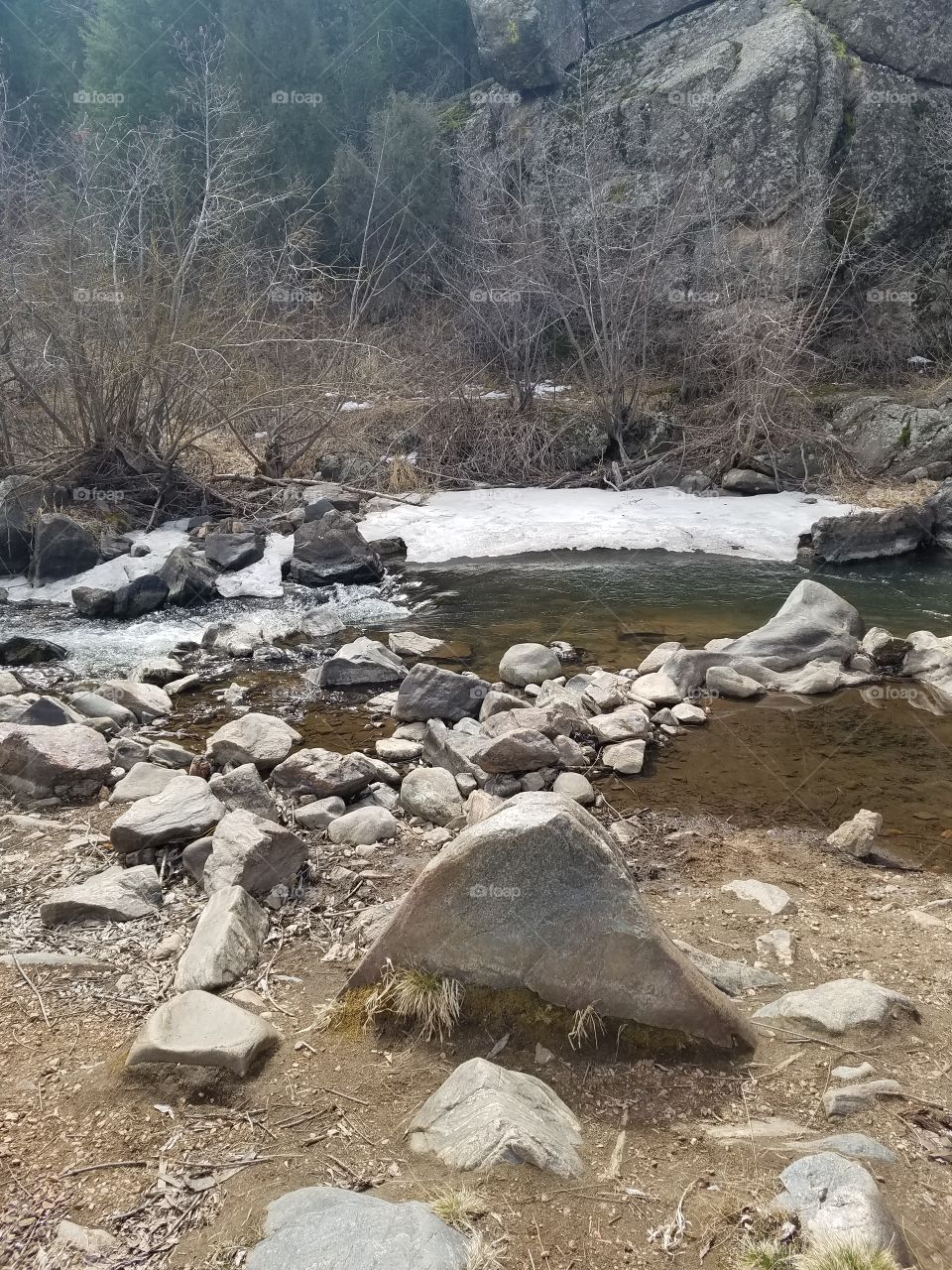 Spring hiking near calm, babbling river