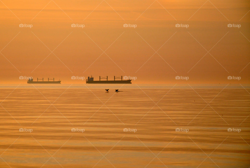 ship silhouettes on the Baltic sea during sunrise