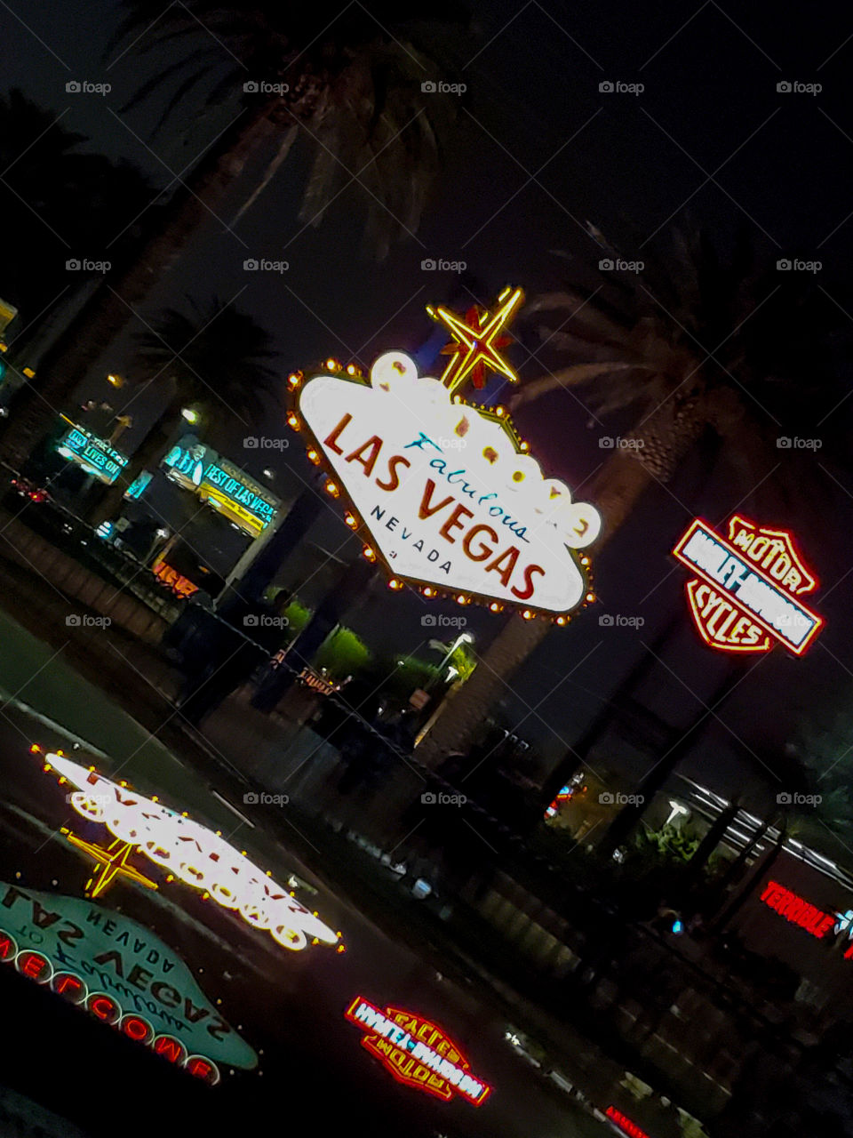 The world famous Welcome to Las Vegas sign shines brightly on the Las Vegas strip