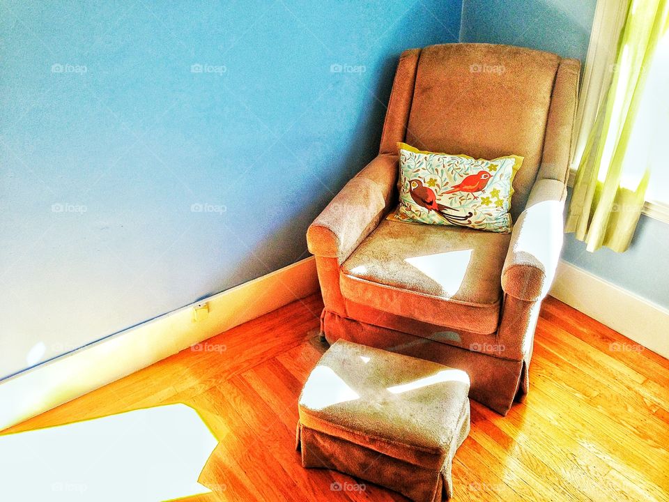 Cozy Room In Golden Hour. Comfy Chair In Home Bedroom During The Golden Hour
