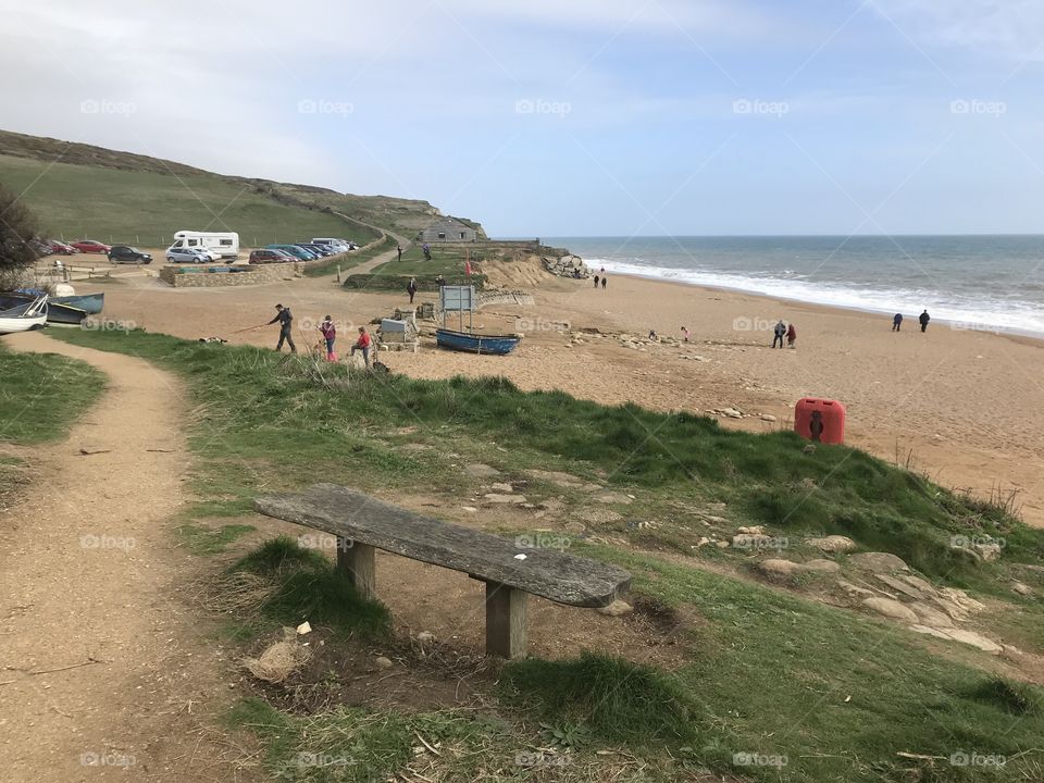 Hive Beach in cold but spring like sunshine, off the Dorset coast, near Bridport.