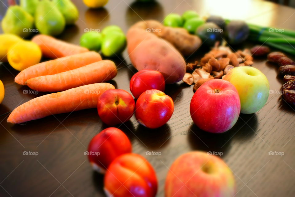Vivid produce on table, colorful collection