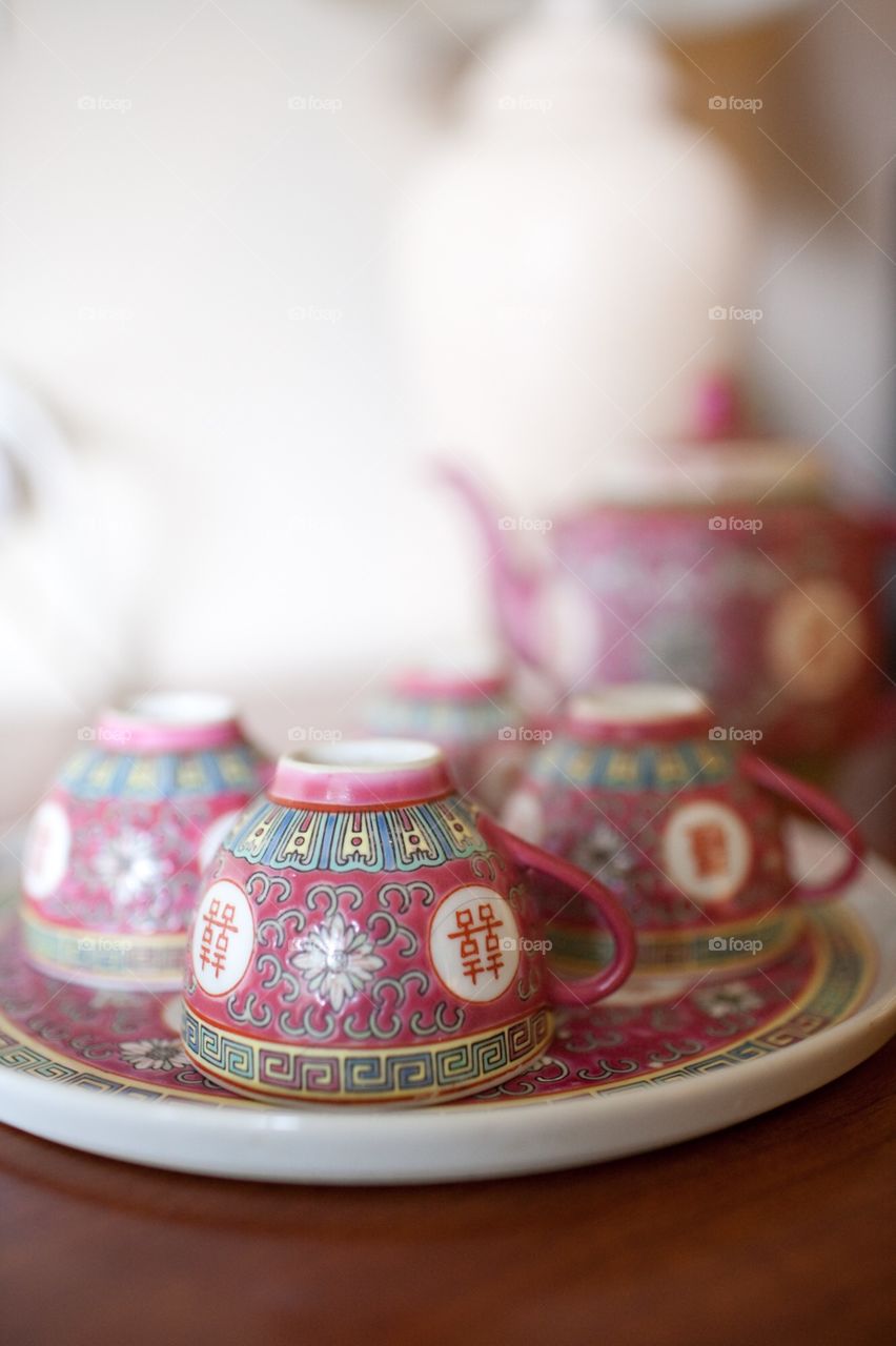 Traditional Chinese wedding tea ceremony cups and pot 