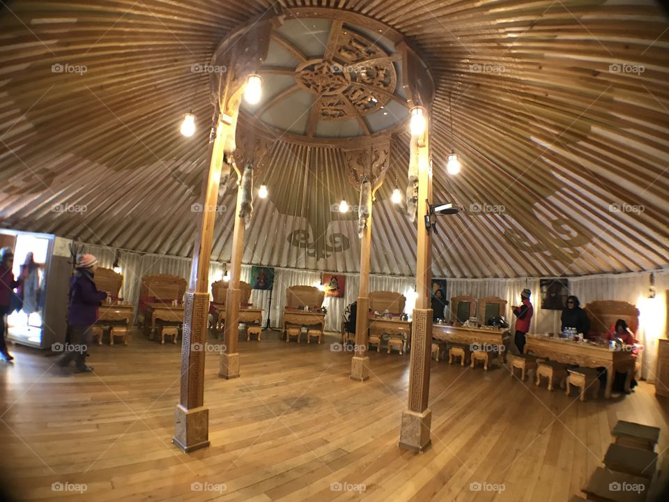 Local restaurant in big camp in Siberia. Real wood with nice pattern and food was much better than I thought, I'd very delicious food on that day.