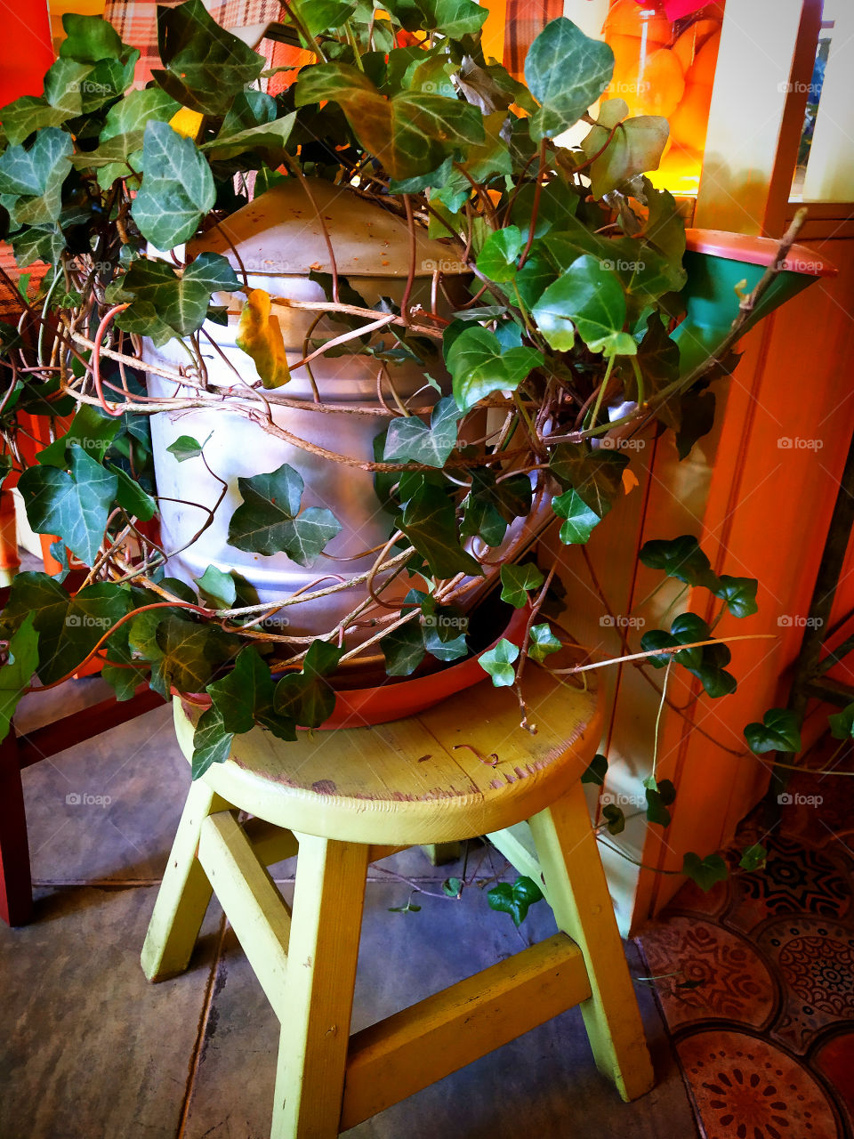 A watering can, which is twisted by artificial ivy on a stool