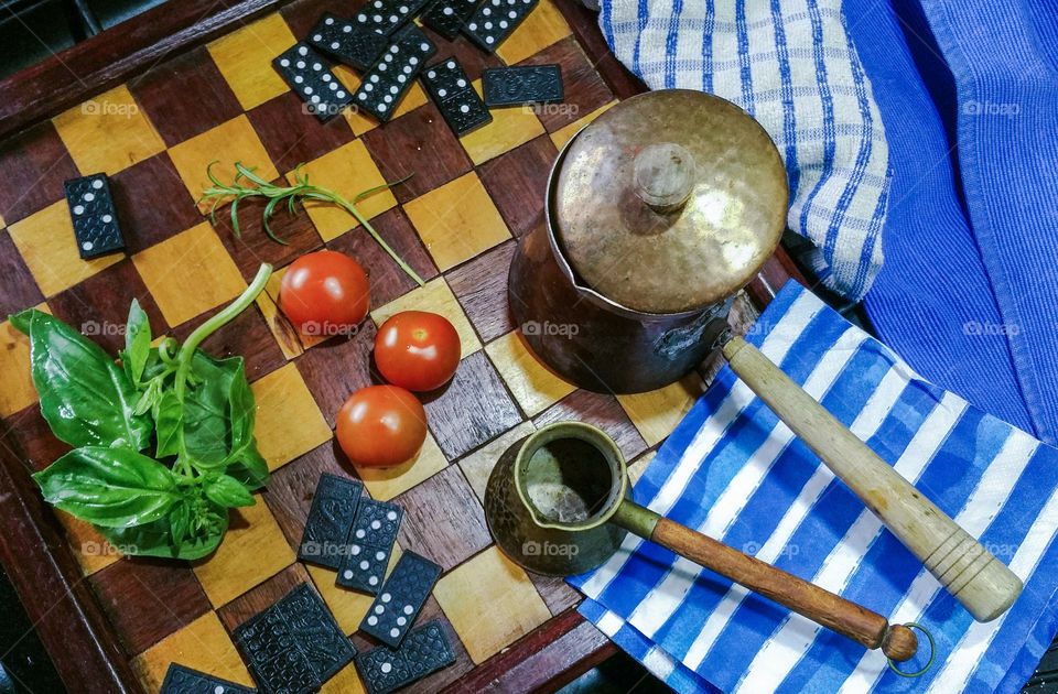 Greek style coffee pots with tomato herbs