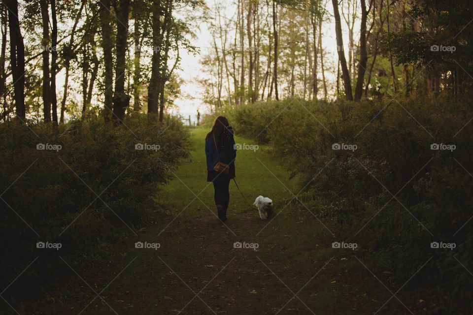 Girl walking her puppy into a forest at sunset