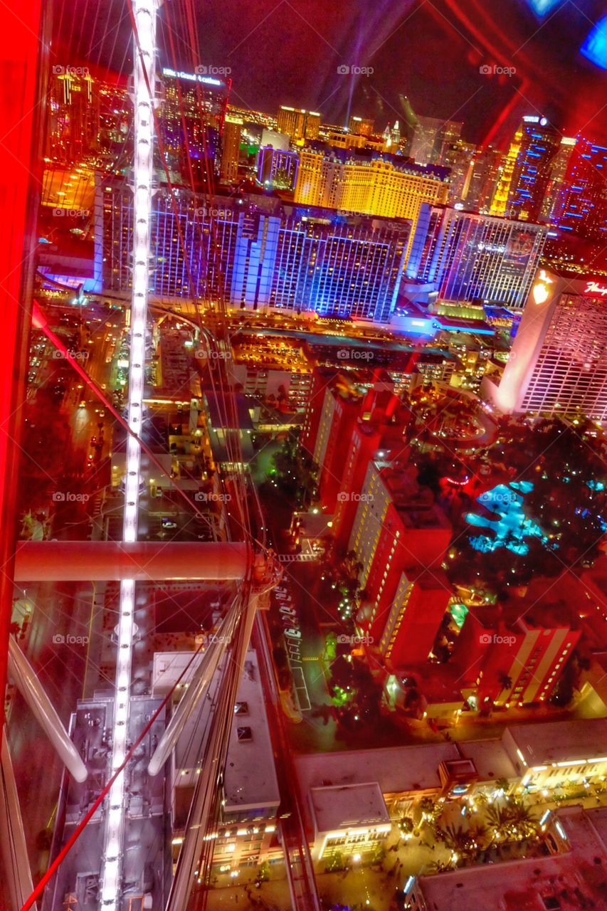 A view of the Las Vegas skyline & part of the wheel from the High Roller Ferris Wheel in Las Vegas, Nevada. 