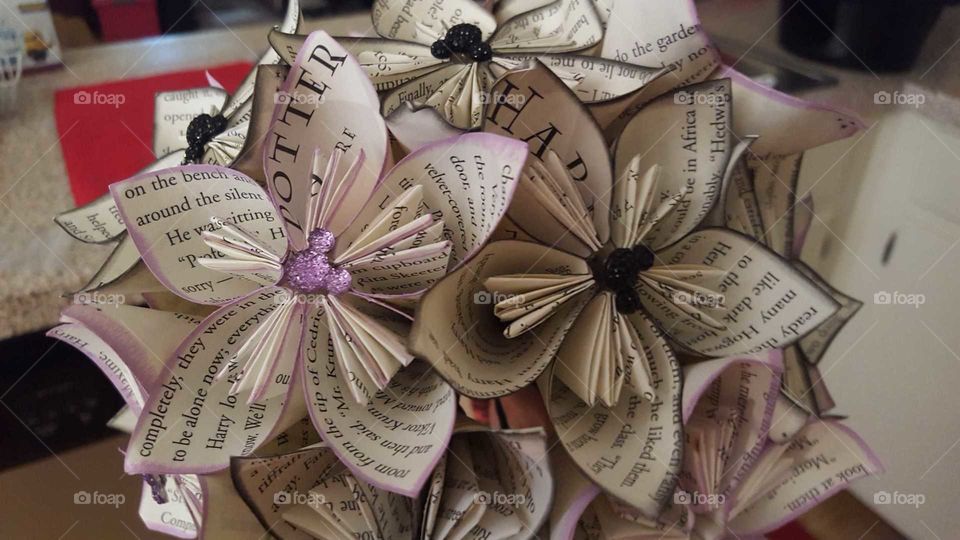 paper flowers from Harry Potter book pages with Mickey head centers