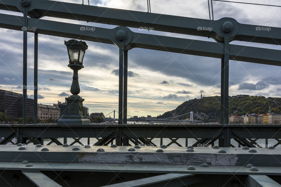 View from the chain bridge. A cloudy autumn day in Budapest.