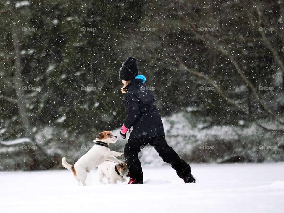 Girl playing with two puppies in snow