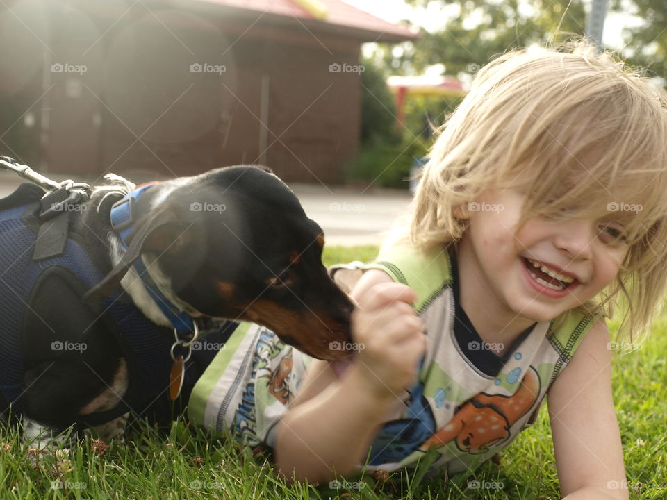 Happy cute boy playing with dog