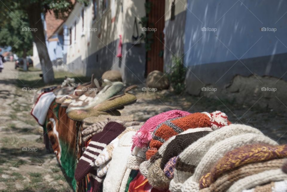 wool clothes market in the village of Viscrì, Transylvania