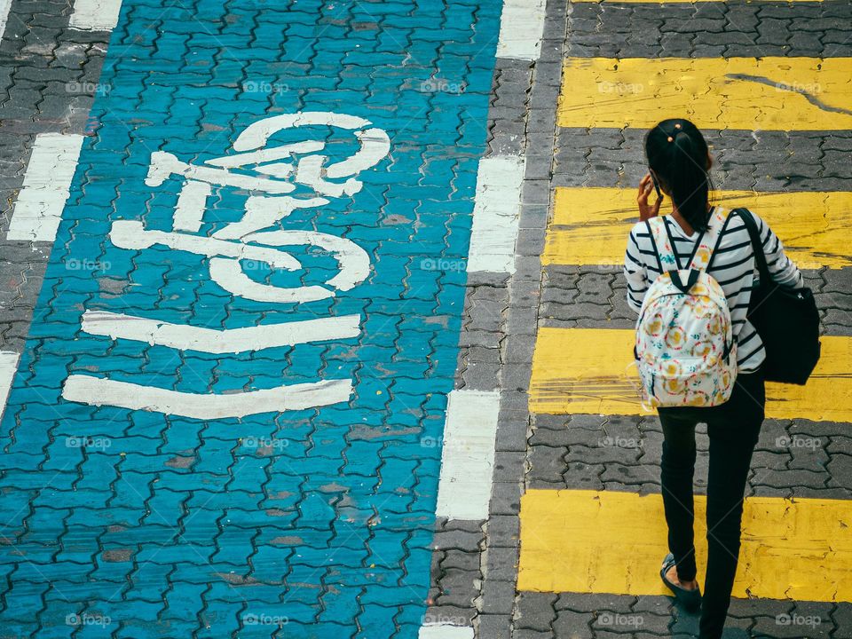 Dedicated blue bicycle lane in the city